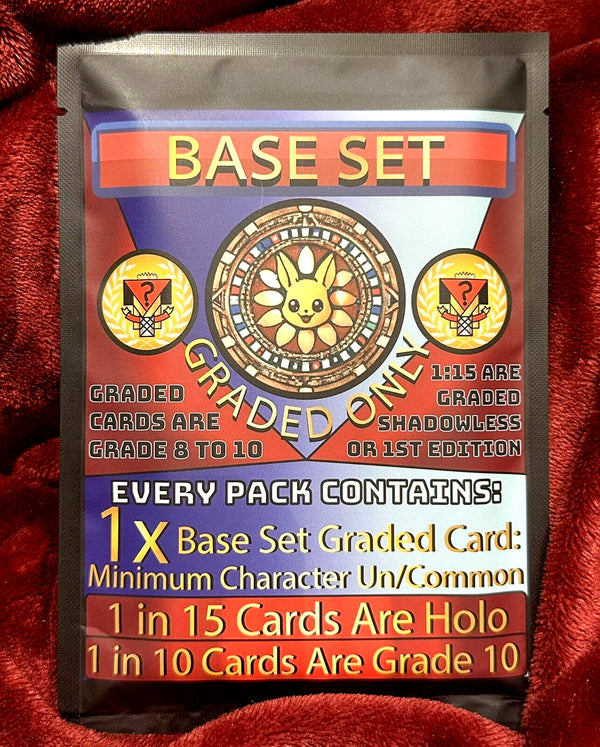 Base Set Graded Pack — One Graded 8–10 Card (1999 — First Ever Pokémon Set) — sealed graded vintage Pokémon mystery pack, graded 8–10
