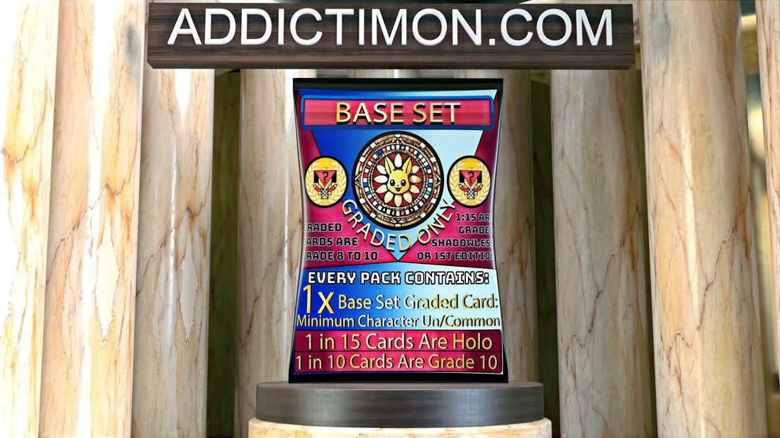 Base Set Graded Pack — One Graded 8–10 Card (1999 — First Ever Pokémon Set) — sealed graded vintage Pokémon mystery pack, graded 8–10